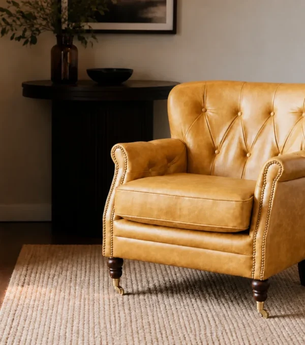 Poltrona Ravena Slim em couro caramelo gold em sala com luz quente, tapete de fibra natural e piso de madeira