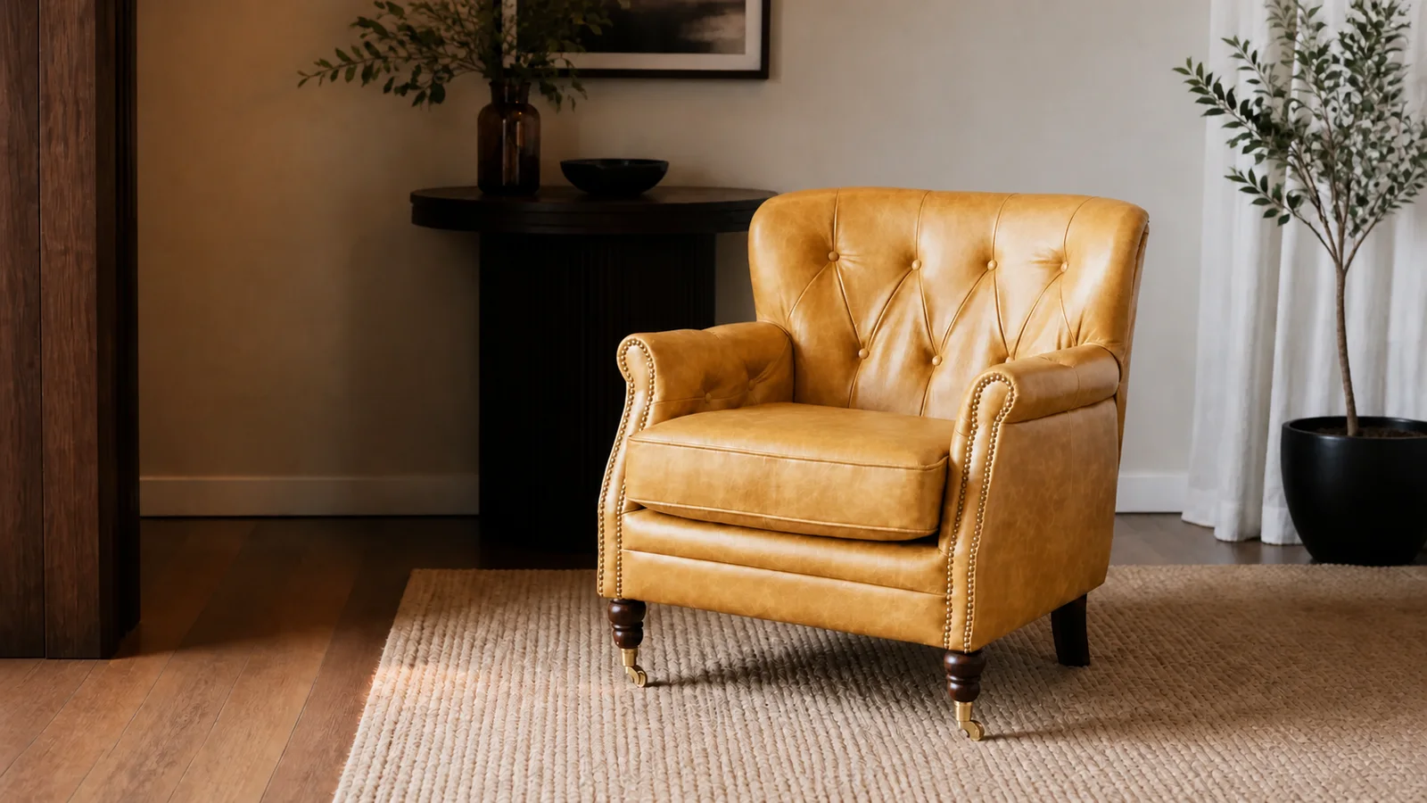 Poltrona Ravena Slim em couro caramelo gold em sala com luz quente, tapete de fibra natural e piso de madeira